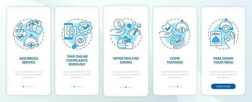 Food industry customer satisfaction blue onboarding mobile app screen. Walkthrough 5 steps editable graphic instructions with linear concepts. UI, UX, GUI template vector