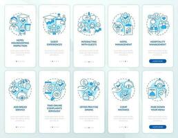 Hotel and restaurant management blue onboarding mobile app screen set. Walkthrough 5 steps editable graphic instructions with linear concepts. UI, UX, GUI template vector