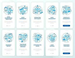 Hotel and restaurant management blue onboarding mobile app screen set. Walkthrough 5 steps editable graphic instructions with linear concepts. UI, UX, GUI template vector