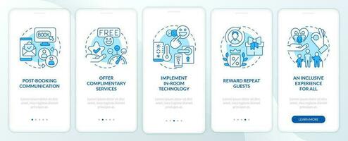 Increase guest satisfaction in hotels blue onboarding mobile app screen. Walkthrough 5 steps editable graphic instructions with linear concepts. UI, UX template vector