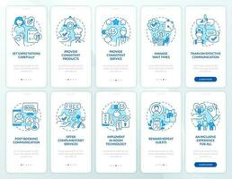 Good service in restaurant industry blue onboarding mobile app screen set. Walkthrough 5 steps editable graphic instructions with linear concepts. UI, UX template vector