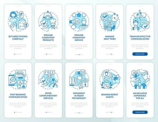 Good service in restaurant industry blue onboarding mobile app screen set. Walkthrough 5 steps editable graphic instructions with linear concepts. UI, UX template