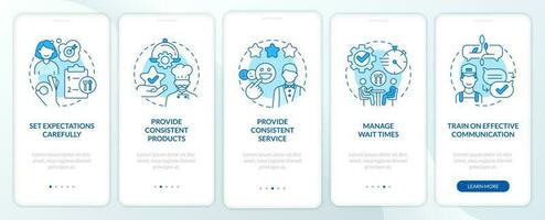 Restaurant customer service skills blue onboarding mobile app screen. Walkthrough 5 steps editable graphic instruction with linear concepts. UI, UX, GUI template vector