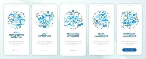 Hospitality training courses blue onboarding mobile app screen. Walkthrough 5 steps editable graphic instructions with linear concepts. UI, UX, GUI template vector