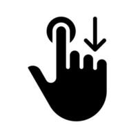 Move downwards black glyph icon. Swipe down. Touchscreen controlling gesture. Device navigation. Drag and draw. Silhouette symbol on white space. Solid pictogram. Vector isolated illustration