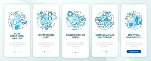 Improving hotel customer service blue onboarding mobile app screen. Walkthrough 5 steps editable graphic instruction with linear concepts. UI, UX, GUI template vector