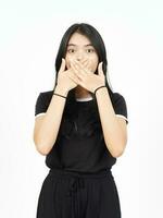 Shocked And Covering Mouth Of Beautiful Asian Woman Isolated On White Background photo