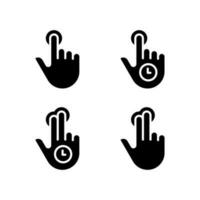 Long tap black glyph icons set on white space. Double finger touch. Multi touch technology. Touchscreen control gestures. Silhouette symbols. Solid pictogram pack. Vector isolated illustration