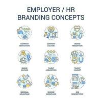 Employer branding concept icons set. Company reputation. Recruitment strategy. HR idea thin line color illustrations. Isolated symbols. Editable stroke vector