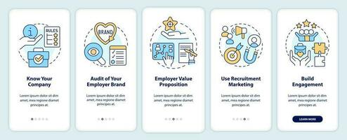 Employer branding process onboarding mobile app screen. HR system walkthrough 5 steps editable graphic instructions with linear concepts. UI, UX, GUI template vector