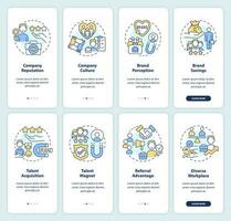 Importance of employer branding onboarding mobile app screen set. HR walkthrough 4 steps editable graphic instructions with linear concepts. UI, UX, GUI template vector