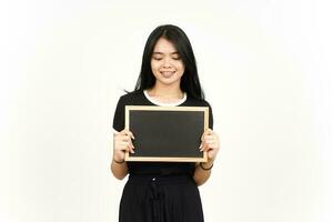 Showing, Presenting and holding Blank Blackboard Of Beautiful Asian Woman Isolated On White Background photo