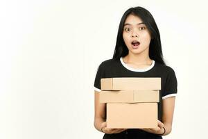 Holding Package Box or Cardboard Box Of Beautiful Asian Woman Isolated On White Background photo