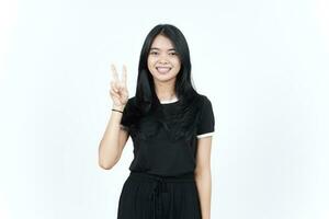 Showing Peace Sign or Finger V Sign Of Beautiful Asian Woman Isolated On White Background photo