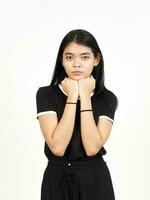 Serious Face and Angry hand on chin of Beautiful Asian Woman Isolated On White Background photo