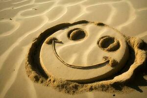 Hand Drawn Happy Face Shape on the sand beside the ocean AI Generated photo