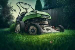 Lawn mower removing green grass in backyard, mowing lawn AI Generated photo