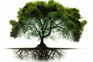 Big green tree with roots beneath isolated White Empty Background AI Generated photo