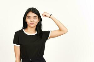 Showing strength and rise arms Of Beautiful Asian Woman Isolated On White Background photo