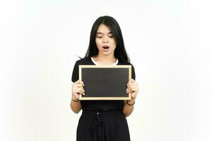 Showing, Presenting and holding Blank Blackboard with Shocked Face Of Beautiful Asian Woman photo