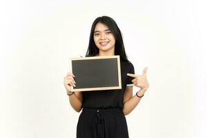 Showing, Presenting and holding Blank Blackboard Of Beautiful Asian Woman Isolated On White Background photo