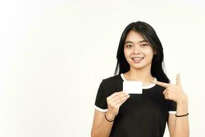 Holding Blank Bank Card Or Credit Card Of Beautiful Asian Woman Isolated On White Background photo