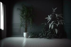 oscuro pared vacío habitación con plantas en un piso ai generado foto