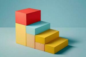 Yellow and red wooden block stacking as step stair, Success in business growth concept on pastel blue background AI Generated photo