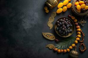 Top view image of decoration Ramadan Kareem, dates fruit, aladdin lamp and rosary beads on dark stone background. Flat lay with copy space AI Generated photo