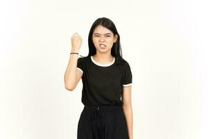 Angry face and Showing fist Of Beautiful Asian Woman Isolated On White Background photo