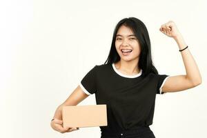 Holding Package Box or Cardboard Box Of Beautiful Asian Woman Isolated On White Background photo