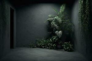 Dark wall empty room with plants on a floor AI Generated photo