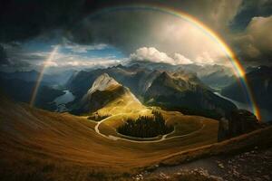 paisaje naturaleza montaña en Alpes con arco iris ai generado foto