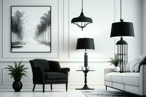 Interior design black living room furniture and lamp on white wall with copy scape AI Generated photo