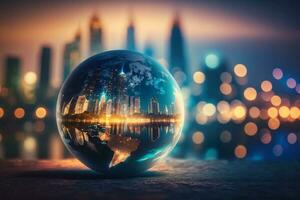 Planet earth on the background of blurred lights of the city AI Generated photo