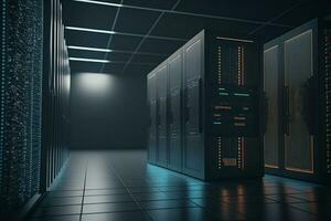 Modern dark data center, focus on the foreground AI Generated photo