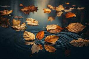 Dry autumn leaves floating on a water surface of a lake AI Generated photo