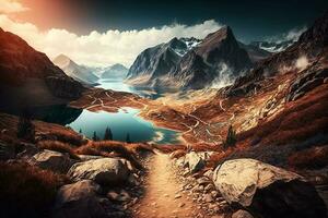 Mountain landscape with hiking trail and view of beautiful lakes AI Generated photo