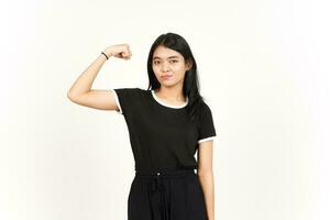 Showing strength and rise arms Of Beautiful Asian Woman Isolated On White Background photo