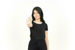Showing count Four finger Of Beautiful Asian Woman Isolated On White Background photo