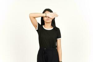 Covering eye With arms Of Beautiful Asian Woman Isolated On White Background photo