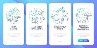 Budget planning for inflation blue gradient onboarding mobile app screen. Walkthrough 4 steps graphic instructions with linear concepts. UI, UX, GUI template vector