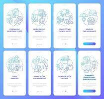Financial planning for inflation blue gradient onboarding mobile app screen set. Walkthrough 4 steps graphic instruction with linear concepts. UI, UX, GUI template vector