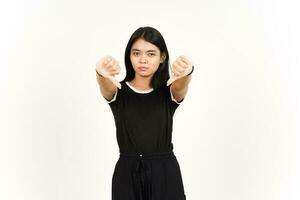 Showing Thumbs Down Sign Of Beautiful Asian Woman Isolated On White Background photo