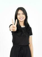 Showing Peace Sign Of Beautiful Asian Woman Isolated On White Background photo