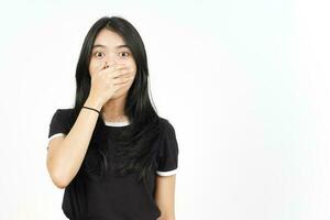 Shocked And Covering Mouth Of Beautiful Asian Woman Isolated On White Background photo