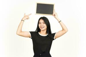 Showing, Presenting and holding Blank Blackboard Of Beautiful Asian Woman Isolated On White photo