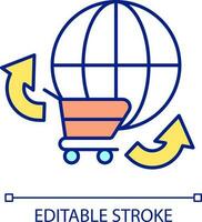 Worldwide shopping RGB color icon. Market extension. Business and commerce. Shopping cart and globe. Isolated vector illustration. Simple filled line drawing. Editable stroke