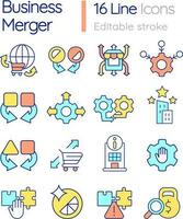 Business merger and consolidation RGB color icons set. Marketing strategy. Isolated vector illustrations. Simple filled line drawings collection. Editable stroke