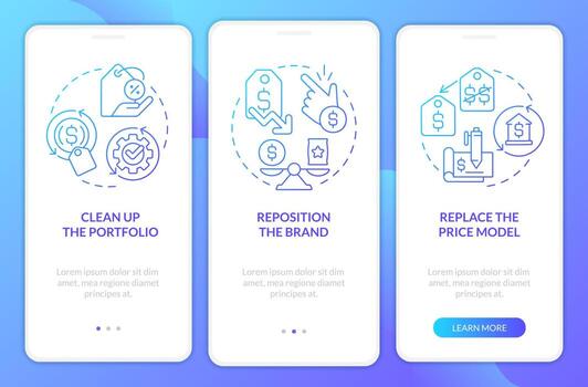 Dealing with inflation in business blue gradient onboarding mobile app screen. Walkthrough 3 steps graphic instructions with linear concepts. UI, UX, GUI template vector